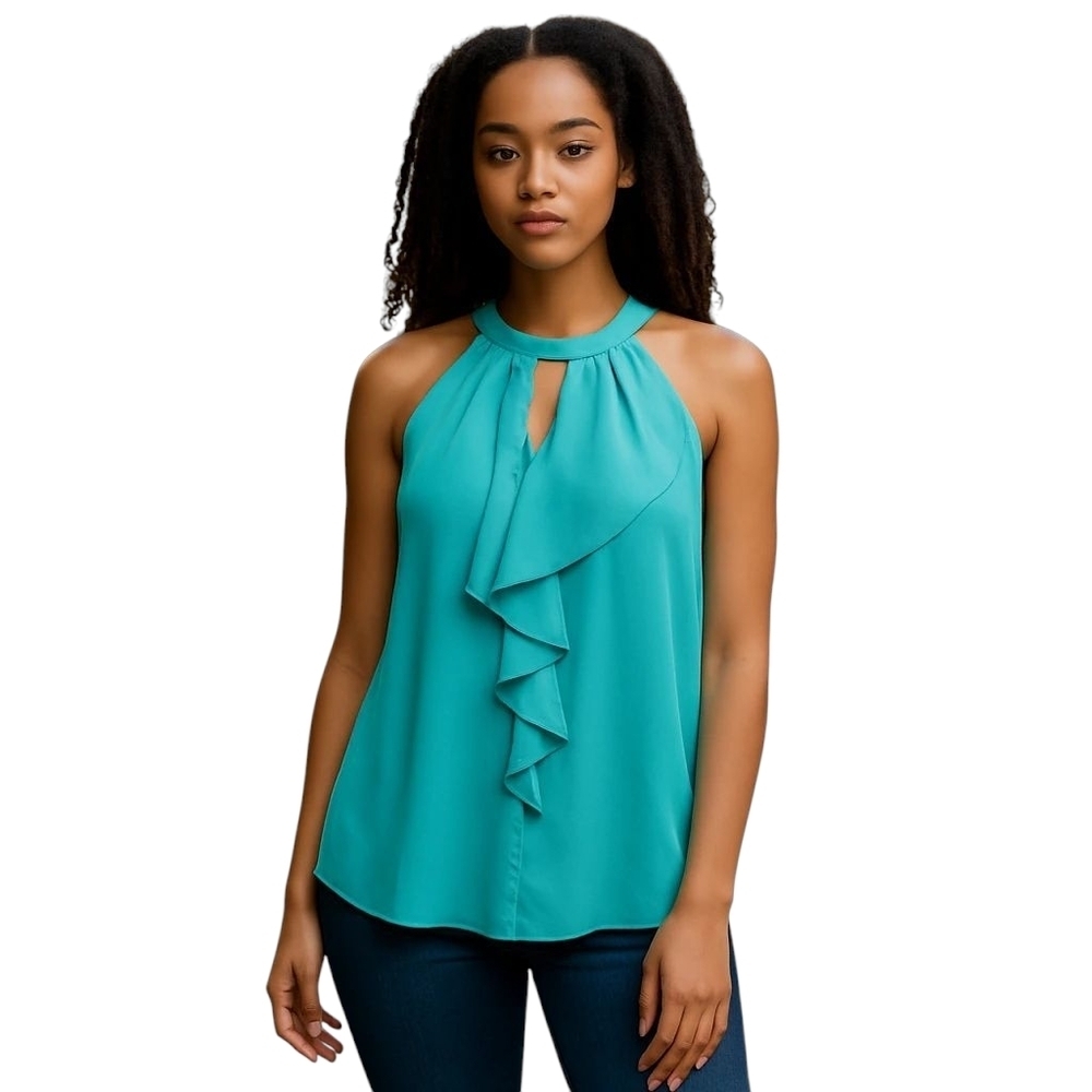 Trina Turk 100% Silk Turquoise Keyhole Ruffle Halter Blouse Sz L